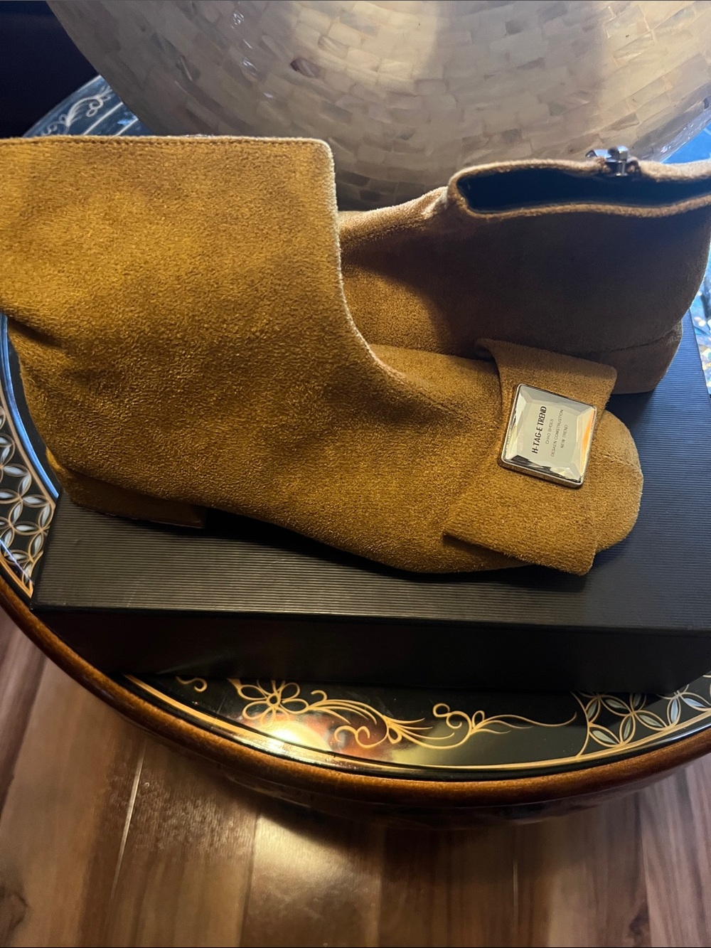 Fashion Nova Mustard Suede Ankle Booties with Metal Plaque